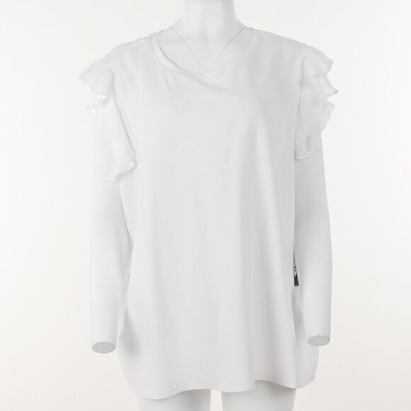 Vince Camuto Mixed Media Tiered Ruffle Sleeve Top in Ultra White - Picture 2 of 5